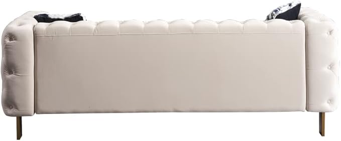 KEIKI 84" Chesterfield Velvet Tufted Button Sofa with Removable Cushions and 2 Toss Pillows, Modern 3-Seater Couch with 4 Gold Metal Leg, Easy Assembly, for Living Room, Bedroom, Apartment, Cream