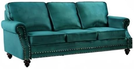 Lotus Mid Century Modern Velvet Upholstered Living Room Rolled Arms, Sofa, Pine Green