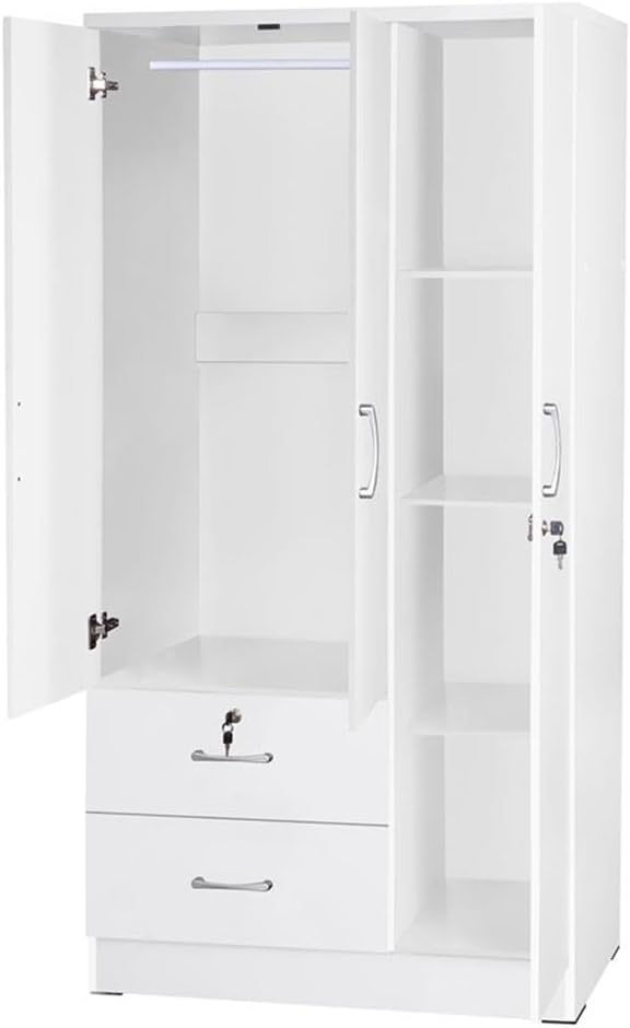 Pemberly Row Modern 2 Drawer Wooden Wardrobe Armoire Closet, White Finish, 72” H x 36” W x 20” D, Engineered Wood, Garment Rod, 3 Shelves, Silver Handles, Bedroom Storage Furniture