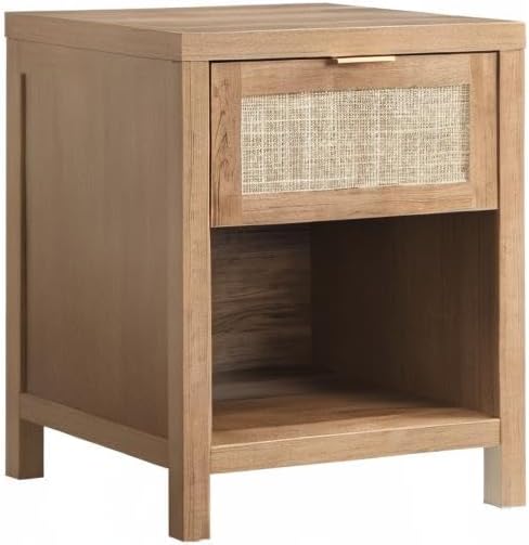 SICOTAS Rattan Nightstand - Farmhouse Night Stand with Drawer and Storage Shelf - Boho Bedside Table - End Side Table for Bedroom,Oak - Image 9