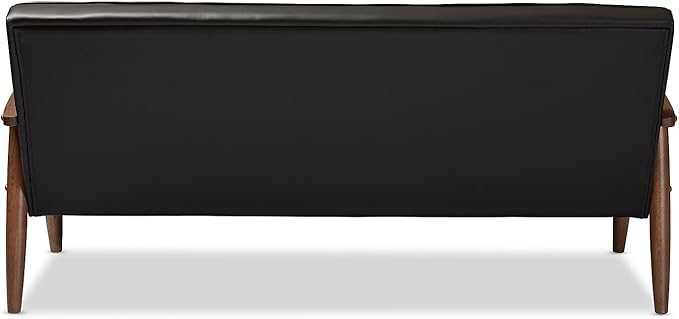 Baxton Studio Sorrento Mid-Century Retro Modern Faux Leather Upholstered Wooden 3-Seater Sofa, Black