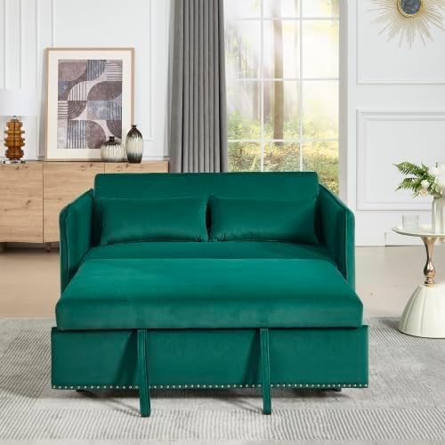 3 in 1 Sofa Bed, Convertible Pull Out Couch with Side Pockets, Velvet Fabric Loveseat Sleeper Sofa Bed, Pull Out Couch with Adjustable Backrest for Living Room, Bedroom, Apartment, Green