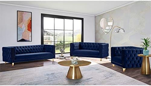 Meridian Furniture 652Navy-L Michelle Collection Modern | Contemporary Loveseat with Deep Button Tufting, Gold Nailhead Trim and Sturdy Gold Iron Legs, Navy Velvet, 66" W x 34" D x 30" H