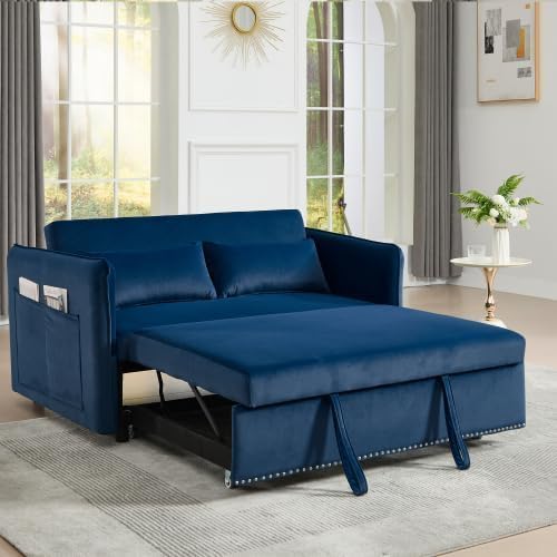 3 in 1 Sofa Bed, Convertible Pull Out Couch with Side Pockets, Velvet Fabric Loveseat Sleeper Sofa Bed, Pull Out Couch with Adjustable Backrest for Living Room, Bedroom, Apartment, Blue