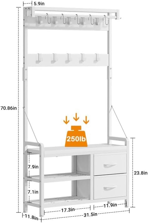 Lulive Hall Tree, 31.5” Entryway Bench with Coat Rack freestanding, 5 in 1 Intelligent Design Shoe Bench and Wall Rack 17 Hooks and Drawers (White) - Image 9