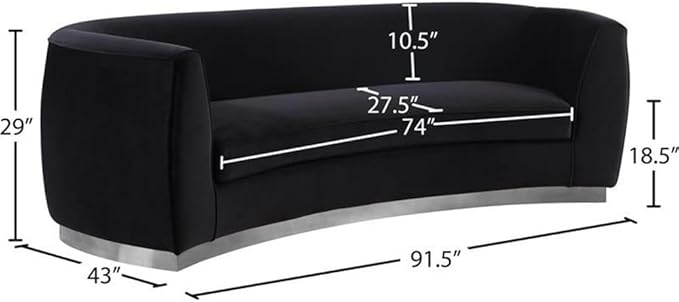 Meridian Furniture Julian Collection Modern | Contemporary Velvet Upholstered Sofa with Stainless Steel Base in Polished Chrome Finish, Black, 91.5" L x 36" D x 28" H