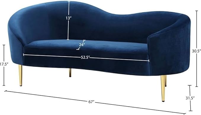 Meridian Furniture Ritz Collection Modern | Contemporary Velvet Upholstered Loveseat with Sturdy Metal Legs in Rich Gold Finish, Navy, 67" W x 31.75" D x 30.5" H