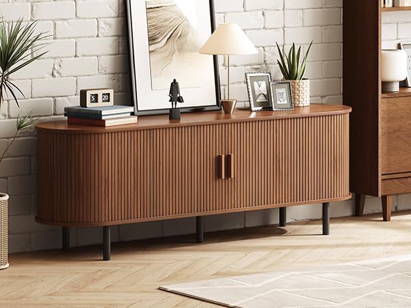 ONBRILL 63" TV Stand with Power Outlet for TVs up to 70 Inch, Entertainment Center with Storage and Adjustable Shelves, Modern Media Console with Sliding Doors for Living Room, Walnut - Image 7