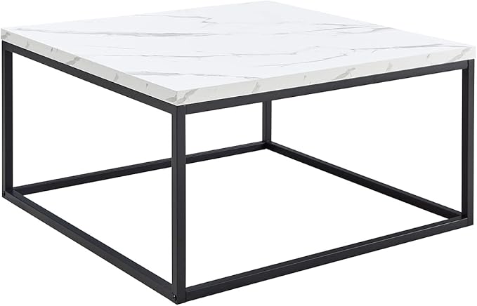 CENSI 30" Square Coffee Table, White Faux Marble Center Table for Living Room, Modern Minimalist Cocktail Table with Black Metal Frame, Extra Thick 1.2" Wood Top, Sturdy & Easy Assembly