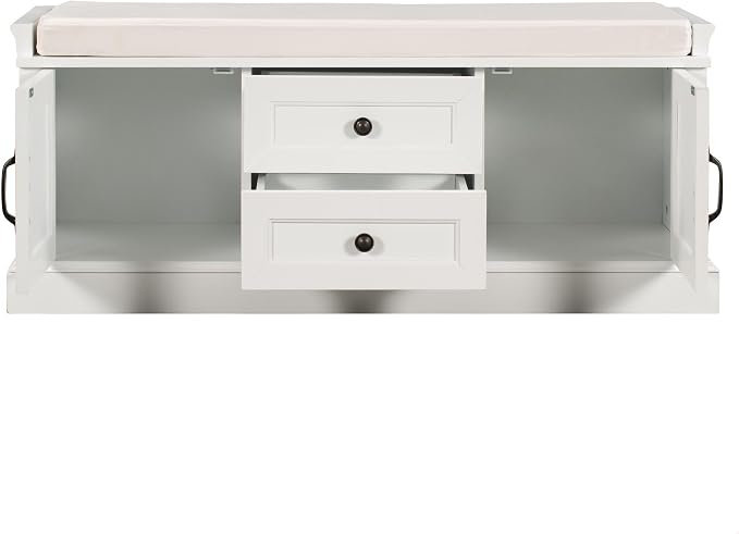 GDFStudio Rustic Storage Bench with 4 Doors 2 Draws Adjustable Shelves Removable Cushion Rectangular Cabinet Foot Rest Stool Solid Wood Shoe Bench Seating for Entryway Living Room, White - Image 9
