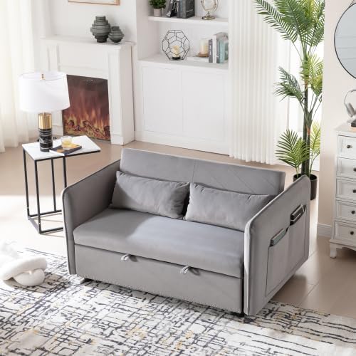 3 in 1 Pull Out Sofa Bed, Convertible Loveseat Couch with Side Pockets, Velvet Fabric Sleeper Sofa Bed with Adjustable Backrest for Living Room, Bedroom, Apartment, RV, Gray