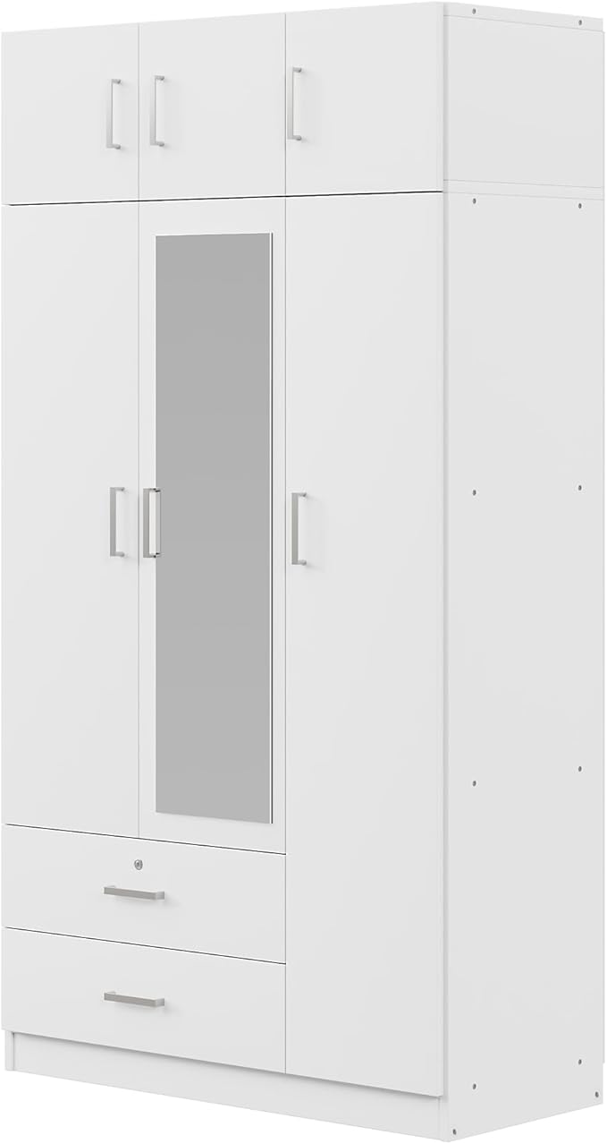Merax 3 Doors Wardrobe with Mirror Door and Top Cabinet, Wooden Closet Wardrobe Organizers with Hanging Rail, 2 Drawers and 4-Tier Storage Shelves for Bedroom, Laundry Room, White