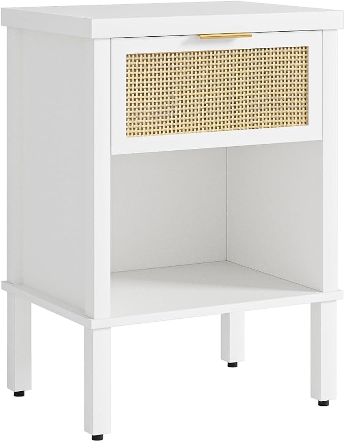 Rattan Nightstand with Drawer and Open Shelf, Boho Side Table with Gold Handle, Small Night Stand, Modern Bedside Table for Bedroom, White - Image 9