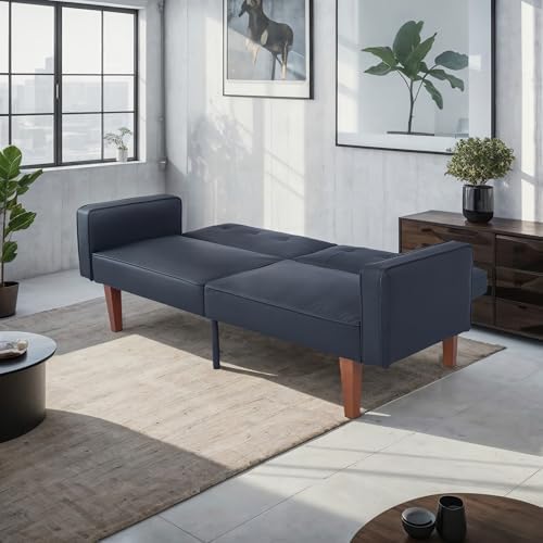 Adjustable Backrest Convertable Sofa, Modern Fabric 2-Seat Futon Sofa, Convertible Fabric Sleeper Couch with Armrests, Couch for Living Room Home Office Spaces, Black