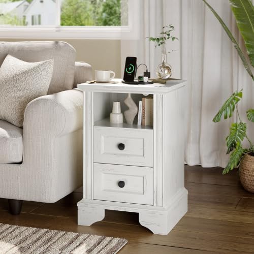 VINGLI White Nightstand with Charging Station, Wood Bedside Table with Drawers, End Table, 15.74" W x 13.78" D x 23.62" H - Image 7