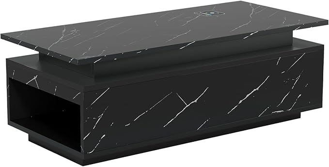 47" Modern LED Coffee Table with Wireless Charging, Bluetooth Speaker, and USB Ports, High Glossy Marble Coffee Table with Large Open 2-Tier Storage and Shelves for Living Room - Black