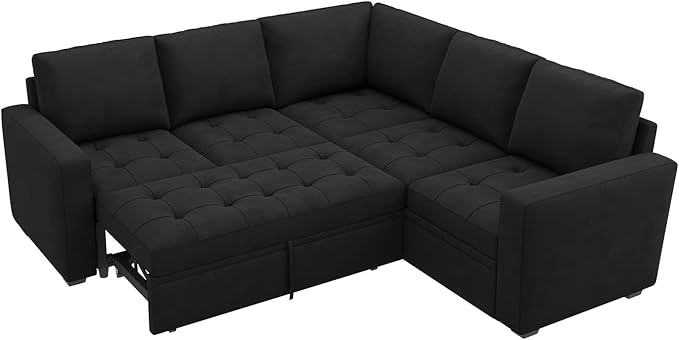 HONBAY Modular Sectional Sofa with Pull Out Bed Velvet Convertible L Shaped Couch with Storage Seat Sleeper Sectional Couches for Living Room,Velvet Black