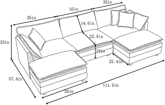 Luxury Modular Sectional Sofa with Ottoman, 111.5" Overstuffed U-Shaped Cloud Sofa, Premium Chenille Fabric Deep Seat Couch, Extra Wide Sectional for Living Room, Apartment & Office | Layer Cushions