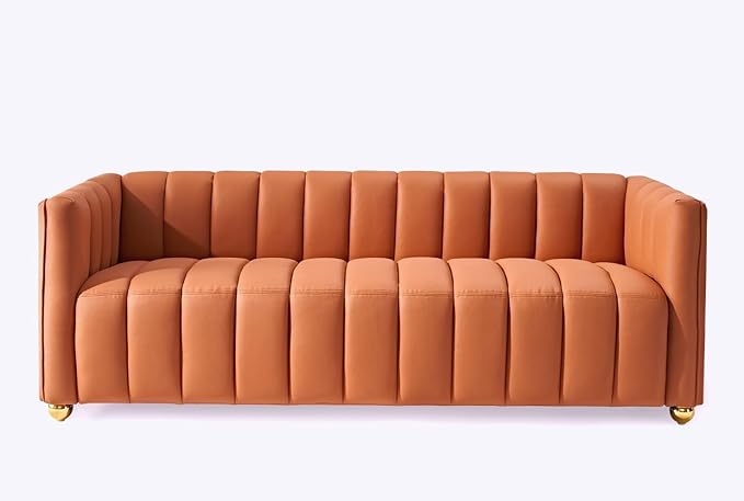 Direct Glam Fabric Upholstered Solid Wood Frame 82.7" Art Deco Sofa for Living Room, Office, Sophisticated 3 Seater Couch, Orange