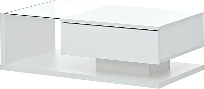 Modern Coffee Table with Tempered Glass, Wooden Cocktail Table with High-Gloss UV Surface, Modernist 2-Tier Rectangle Center Table for Living Room, White