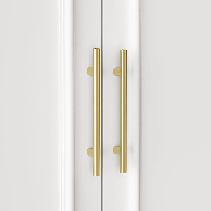 FAMAPY 4 Door Wardrobe with Shelves, Armoire Wardrobe with Hanging Rod, Gold Metal Handles, Closet for Bedroom White (31.7”W x 19.3”D x 74.9”H)