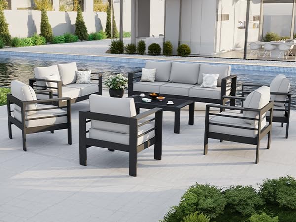 Aluminum Patio Furniture Set, 10 Piece Metal Outdoor Furniture Set, Patio Set with Waterproof Covers for Backyard Garden(Dark Grey&Light Grey)