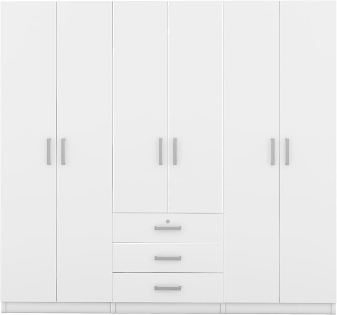 68" H Large 6 Doors Wooden Wardrobe Closet, Freestanding Armoire Wardrobe Closet Cabinet with 3 Drawers, Shelves and Hanging Rod for Hanging Clothes, Coat Closets for Bedroom, White