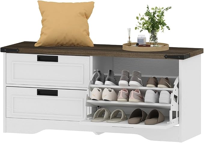 FATORRI Shoe Storage Bench with Flip Drawer, Wooden Entryway Bench, Modern Shoe Cabinet with Removable Drawers for Hallway, Living Room (Walnut Brown & White Oak) - Image 9