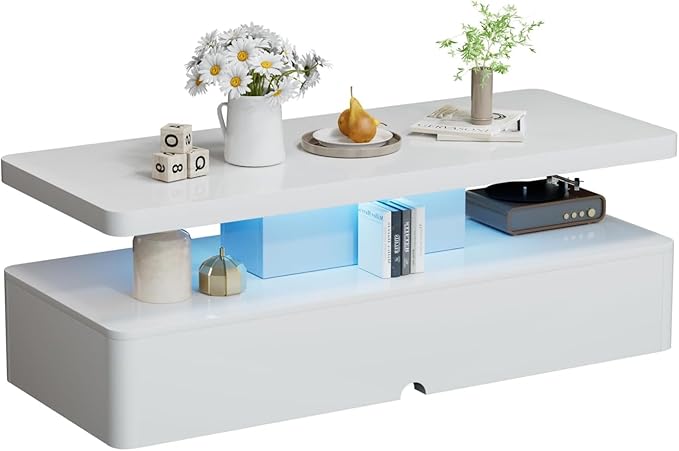 40" Modern Smart LED Coffee Table with Remote Control, 2-Tier Rectangle Center Table for Living Room - Large Storage, High Glossy Surface, RGB Color Changing Lights, White