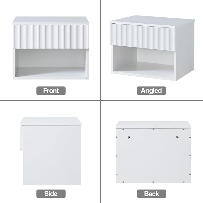 BuildHom Floating Nightstand with Fluted Drawer - Modern Wall Mounted Bedside Table with Open Storage Shelf, Small Night Stand TV Stand for Bedroom(Matte White, Set of 2) - Image 8