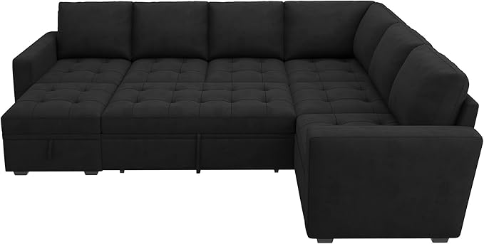 HONBAY Modular Sectional Sleeper Sofa with Pull Out Bed, Velvet Convertible L Shaped Couch with Storage Seat, Sectional Couches for Living Room, Black