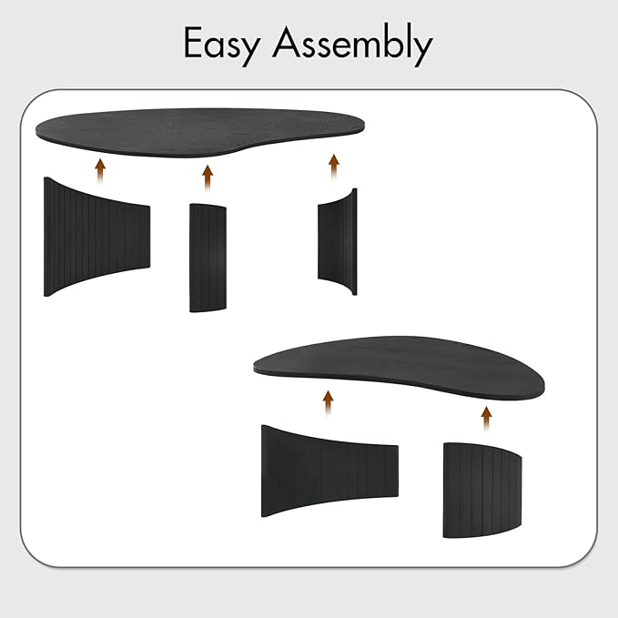2-Piece Irregular Mango Nesting Coffee Table Set, Black Solid Wood Coffee Tables with Fluted Legs, Modern Minimalist Accent Tables for Living Room, Bedroom & Small Apartments