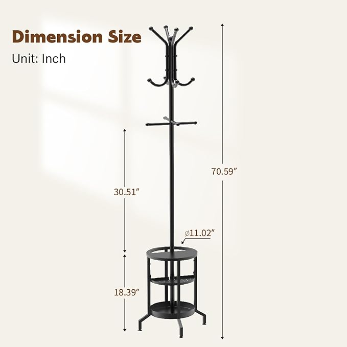 Coat Rack Freestanding, Coat Stand with Umbrella Holder, Metal Coat Tree with 12 Hooks, Coat Hanger Stand for Entryway, Coat Rack Stand for Bedroom, Living Room & Office - Image 9