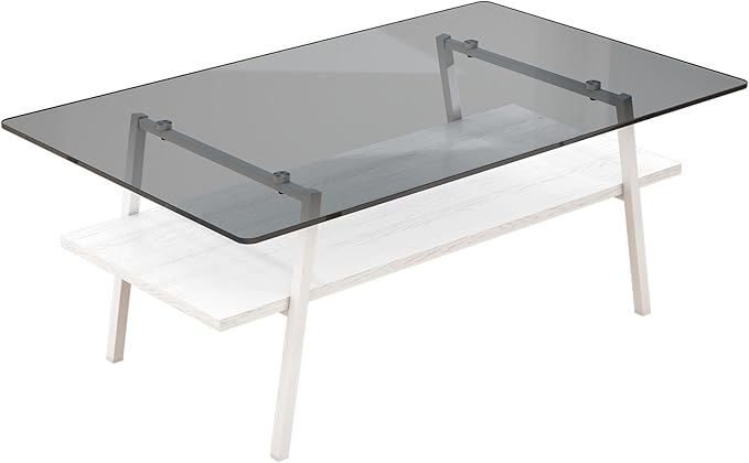 IANIYA Glass Coffee Table for Living Room Small Gold Mid Century Coffee Table for Living Room with Wood Shelves (White Frame, Gray Glass + White Wood)