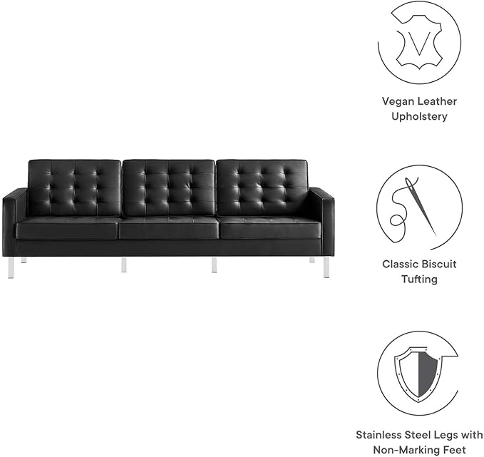 Modway EEI-3385-SLV-BLK Loft Tufted Button Faux Leather Upholstered Sofa in Silver Black