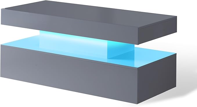 AMERLIFE High Gloss 2-Tier LED Coffee Table, 40" Modern Center Table with LED Lights, Open Storage Space, Minimalism Rectangular Sofa Side Table for Living Room, Gray