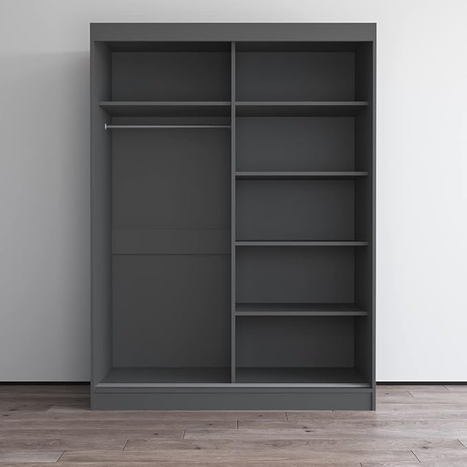 Meble Furniture Aria 2D Wardrobe with Mirror Doors — Spacious Storage with Shelves and Hanging Space — Modern Armoire Closet — Gray with Mirror, 80" H x 59" W x 26" D