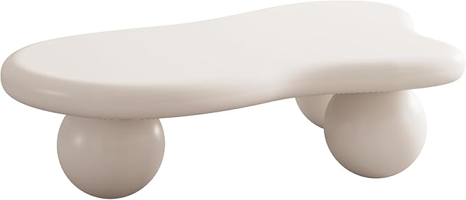 40” Cloud Coffee Table with 3 Ball Legs, Modern Irregular Center Table for Living Room, Low Cute Small MDF Tea Table for Bedroom, Space Apartment Cream White