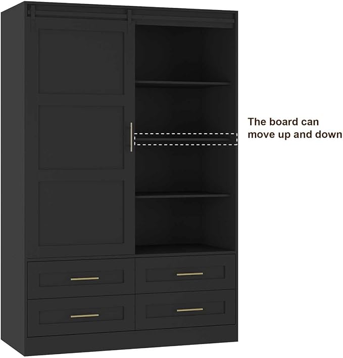 Armoire Wardrobe Closet with Sliding barn Door,Wardrobe Cabinet with 4 Storage Drawers and Hanging Rail,Freestanding Wooden Closet for Bedroom (Black)