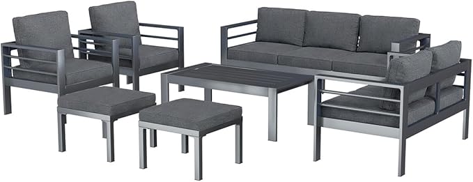 AECOJOY Aluminum Patio Furniture Set, 9 Seats Modern Outdoor Furniture with Coffee Table, 7 Pieces Metal Conversation Sectional Sofa, Dark Gray