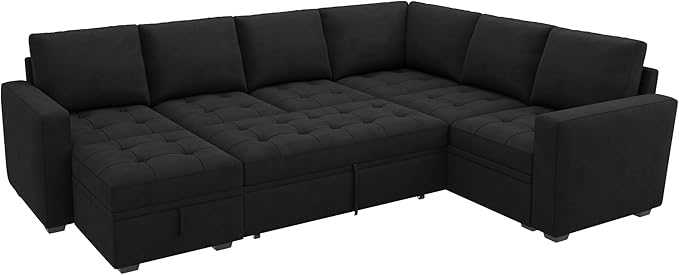 HONBAY Modular Sectional Couch with Pull Out Bed Sleeper Sofa with Storage U Shaped Modular Sectional Couches for Living Room,Velvet Black