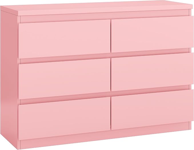 Jocoevol Modern Pink 6 Drawer Dresser - Simply Chest of Drawers for Bedroom, Closet, Living Room, Hallway, Entryway, Wood Storage Double Dresser with Smooth Metal Rails - Pink - Image 8