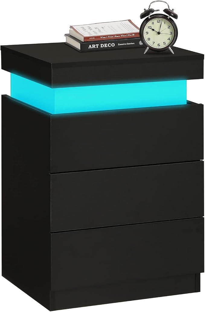 ADORNEVE Nightstand with Charging Station and LED Lights,Night Stand with Sliding Top,Bedside Table with Drawers,Modern End Side Table for Bedroom,Black - Image 8