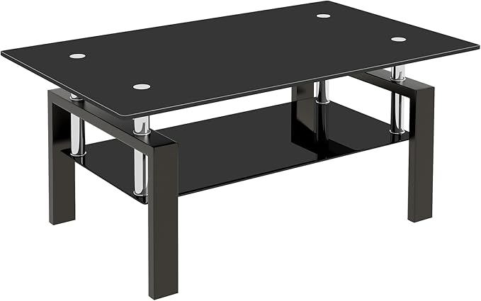 Tempered Glass Coffee Table with Metal Legs Modern Small Coffee Tables for Living Room (Black)
