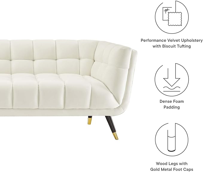 Modway Adept Contemporary Mid-Century Modern Performance Velvet Upholstered Tufted Sofa in Ivory