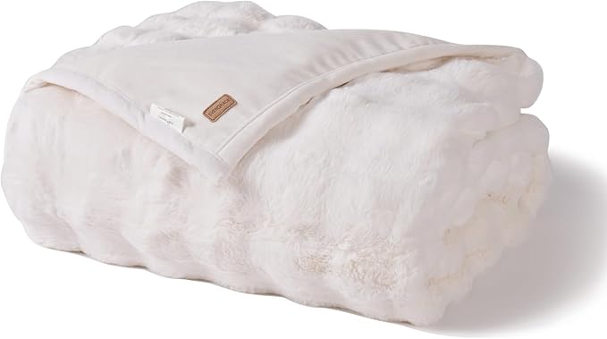 EverGrace Ultra Soft Luxury Fluffy Faux Rabbit Fur Throw Blanket, Thick Warm Bubble Throw for Bed, Cozy Plush Reversible Blankets for Couch, Chair, Sofa, Ivory White, 50x60 Inches