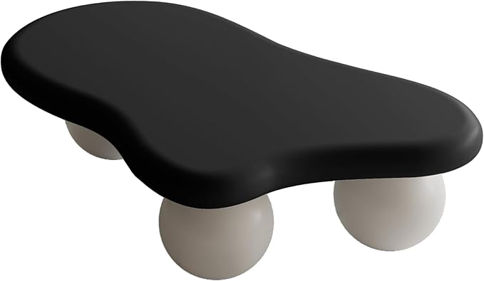 40” Cloud Coffee Table with 3 Ball Legs, Modern Irregular Center Table for Living Room, Low Cute Small MDF Tea Table for Bedroom, Space Apartment-Black White