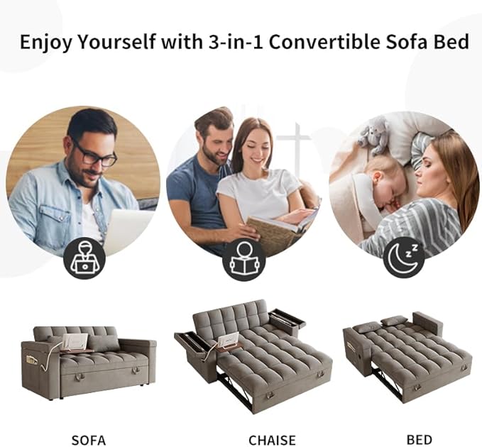 Convertible Sofa Bed, 5-in-1 Pull Out Couch with Side Table, Loveseat Sleeper Sofas Bed Couch with USB Port, 65‘’ Velvet Pull Out Sofa Beds for Living Room, Bedroom, Apartment