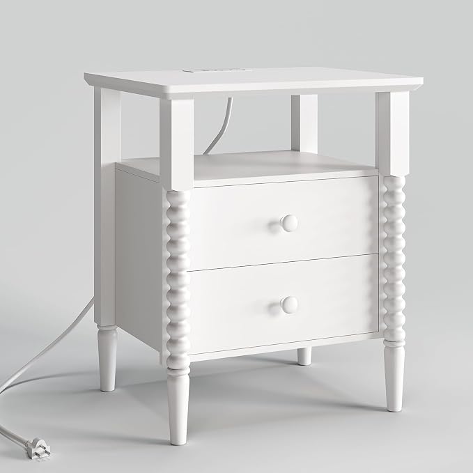JOINICE White Nightstand, Vintage Night Stand with Charging Station, Bedside Table with Drawers, End Table with Solid Wood Legs, Bed Side Tables for Bedroom, White - Image 9
