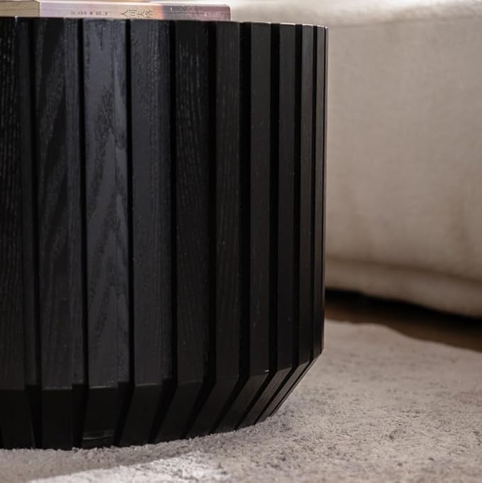 kevinplus 46.46'' Black Round Nesting Coffee Table Set of 2, Modern Circle Fluted Drum Coffee Table for Living Room, No Assembly, Black
